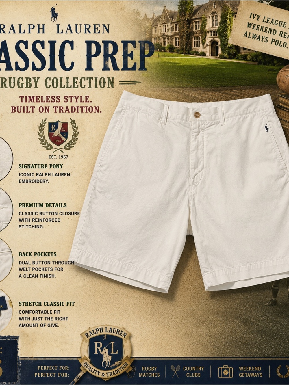Ralph Lauren White Cotton Flat-Front Men’s Shorts